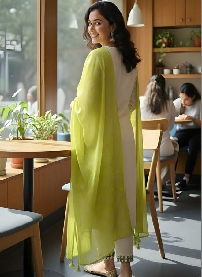 Women Basket HERE&NOW Women Ethnic Motifs Embroidered Regular Thread Work Pure Cotton Kurta with Trousers & With Dupatta - Image 5